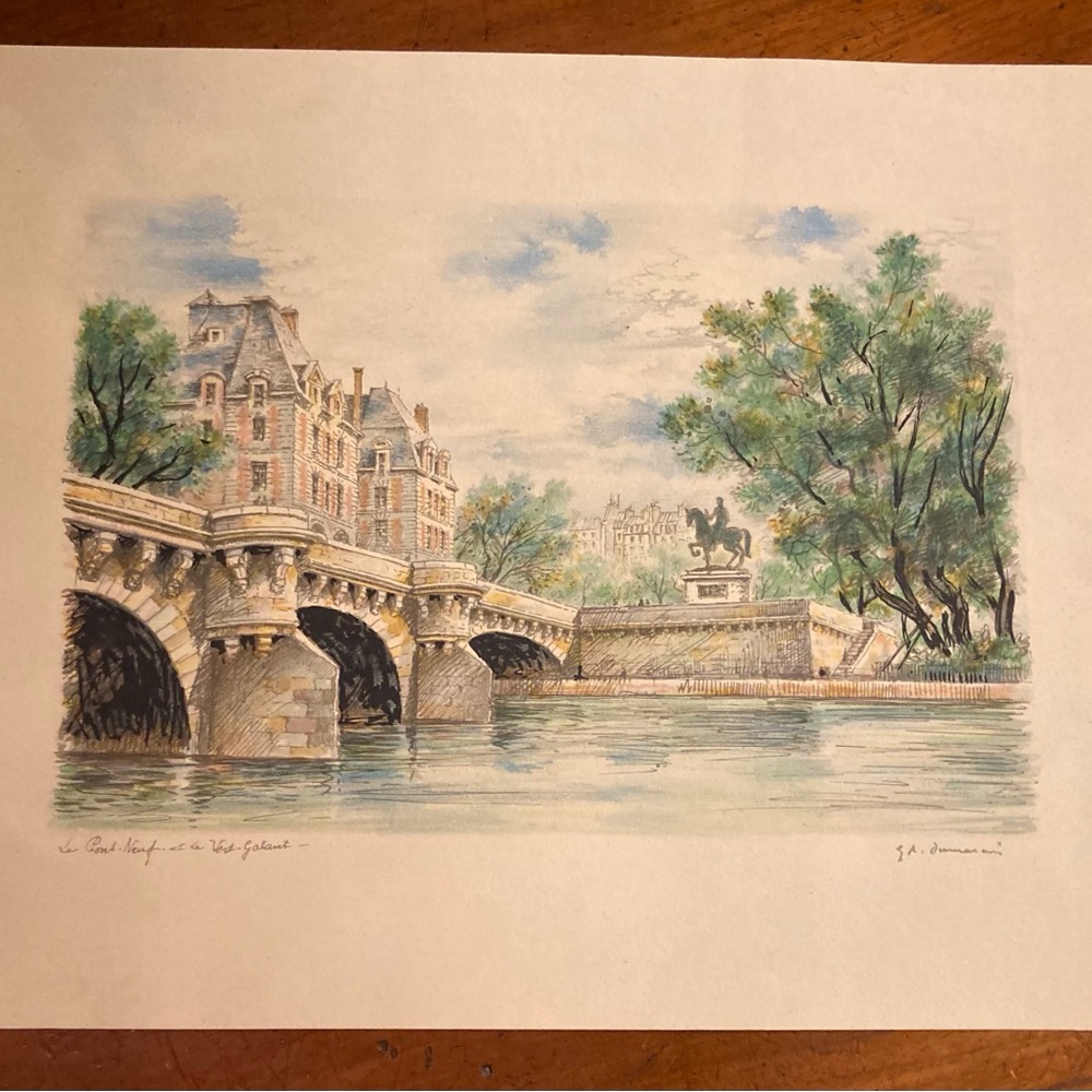 Antique color print on paper, La Pont Neuf et ver Galant Paris signed